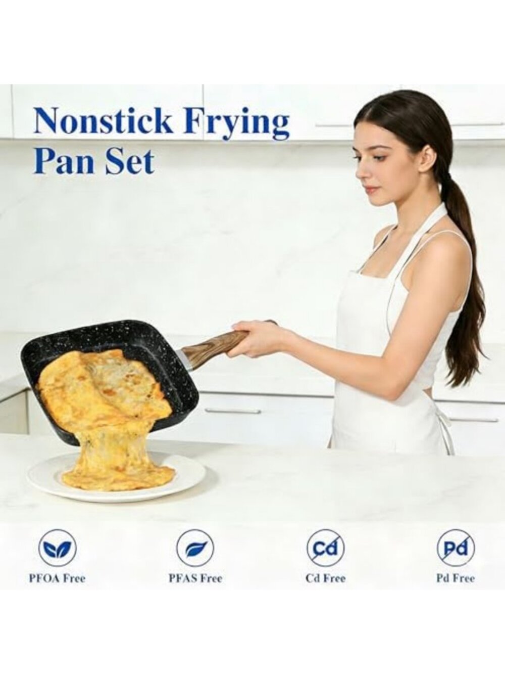 Versatile Nonstick Grill Pan Set - 3 Square Skillets with Wooden Handles, PFOA - Picture 5 of 7